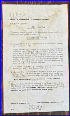 Acoustic Research AR-2aX -Vintage Speakers Set Of 2 For Parts/Repair They Work