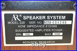 Acoustics Research AR-228 Speaker Pair 8 Ohms 150W Max Tested and Working