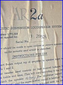 PRISTINE PAIR ACOUSTIC RESEARCH AR-2a STEREO SPEAKERS
