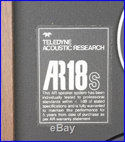 Teledyne Acoustic Research AR18s (AR 18s) Bookshelf Flagship Speakers EX+