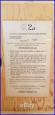 Vintage Acoustic Research AR-2a Acoustic Suspension Loudspeakers 8 Ohm