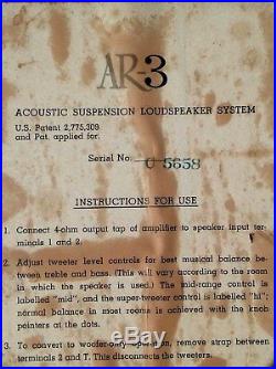 Vintage Acoustic Research AR-3 Speakers