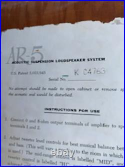 Vintage Acoustic Research AR-5 Speakers Works As Is