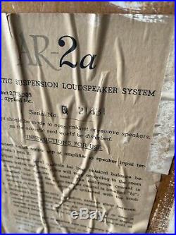 Vintage Ar Acoustic Research Ar-2a Acoustic Suspension Loudspeaker System Rare