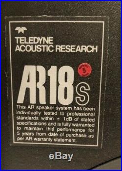Vintage Teledyne Acoustic Research AR18s TESTED with grill